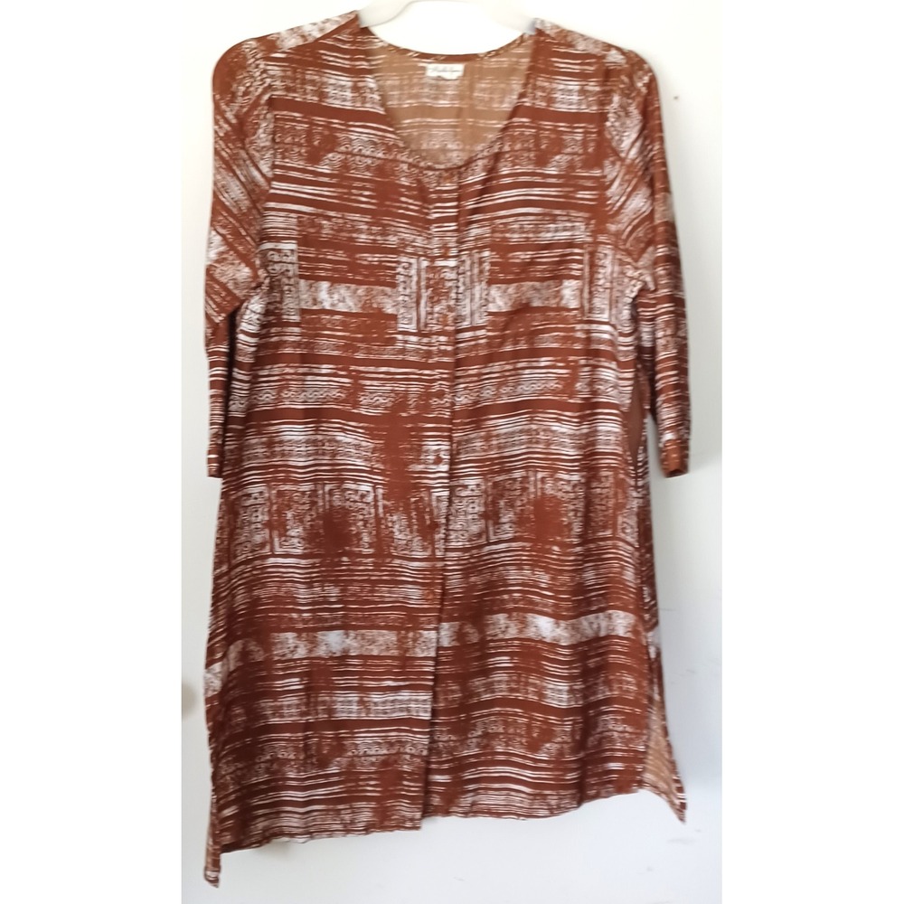 Antilia Femme Women XL Rust Brown White Tribal Geometric Button Front Tunic Top